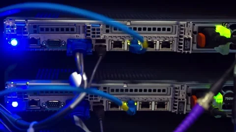 Back Side Of Modern Working Data Center Servers - Tilt Down Видео 58943359
