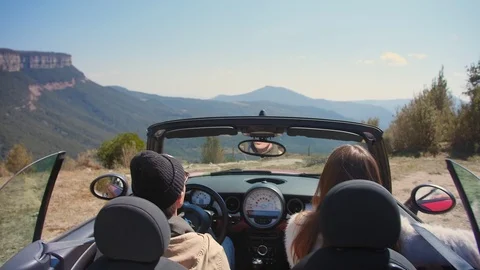Back side shoot of young couple traveling on red cabriolet with lovely animal at Stock Footage 108440686