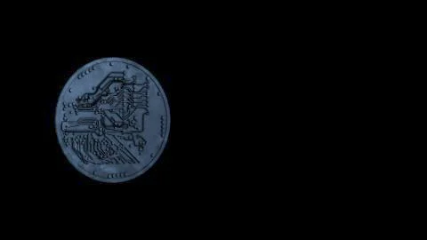 The back side of a silver bitcoin on a black background. Stock Illustration