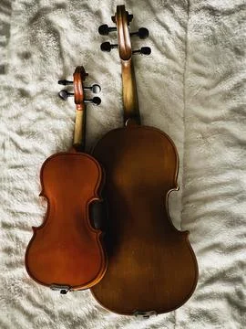 Back side of two violins,different size,put on soft cotton cloth, Stock Photos
