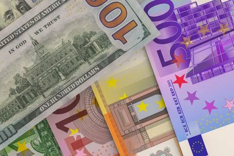 Back side of US 100 dollar bill with European currency banknotes - Euro. Fo.. Stock Photos