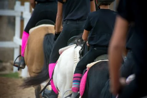 Back side view of a group of riders 库存照片