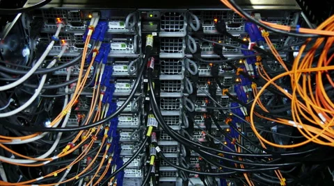 Back side of  working data servers with flashing LED lights 4k Stock Footage 41828720