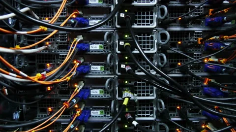 Back side of  working data servers with flashing LED lights 4k Video stock 41828899