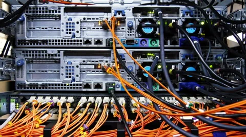 Back side of  working data servers with flashing LED lights Video stock 42489852