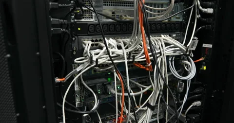 Back side of working data servers with flashing LED lights Video stock 92323337