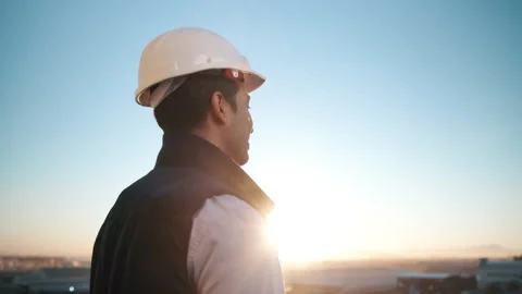 Back, thinking and engineer outdoor for construction, inspection and planning Stock Footage 337923940