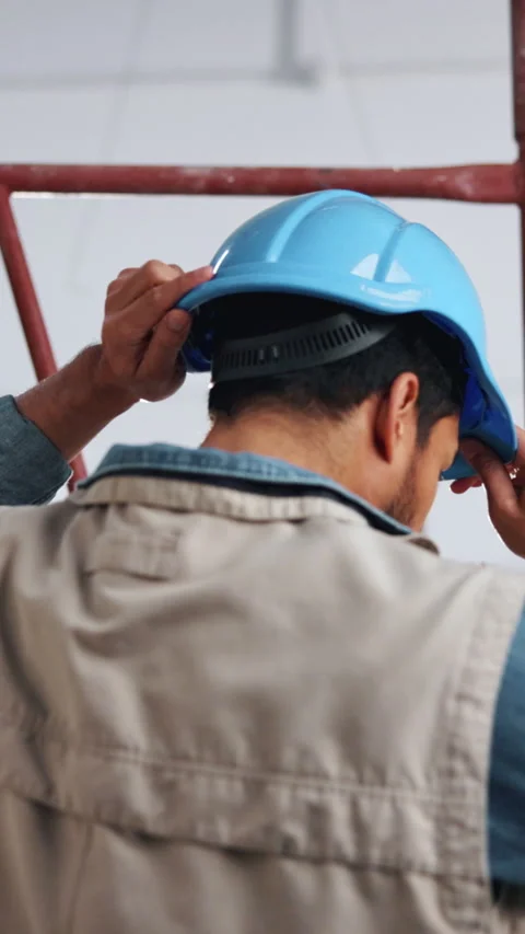 Back, thinking and man with helmet for inspection, construction project and Stock Footage 342322304