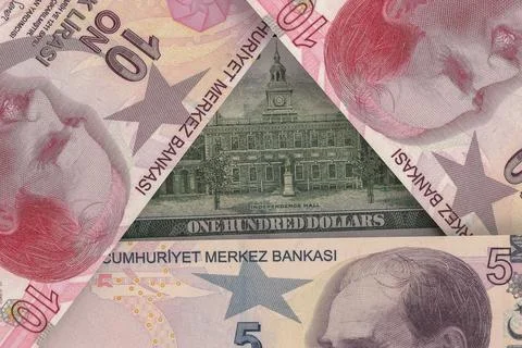 Back of a US $100 bill peeks out from under Turkish lira banknotes. Foreign.. Stock Photos