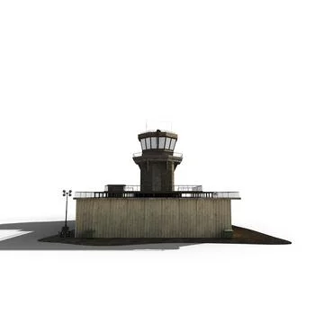 Back view of a 3D rendered scale model of a watch tower with a logo and green cr Stock Illustration