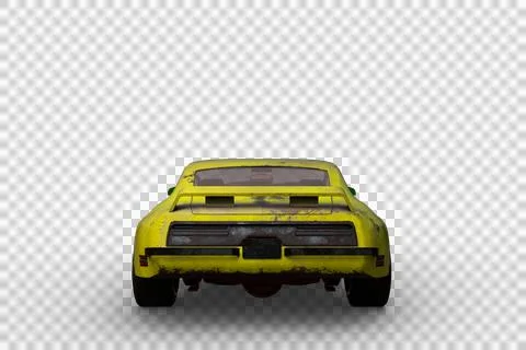 Back view 3D rendering of a yellow vintage American muscle car isolated on a  Stock Illustration