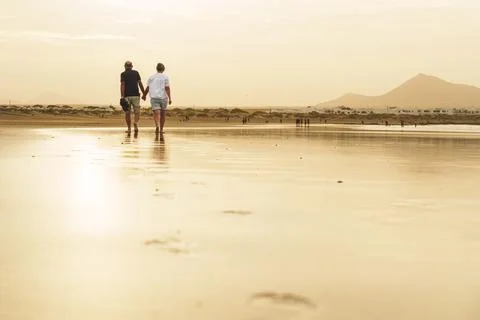 Back view of active senior couple walking on a beach in the golden sunset in Foto stock