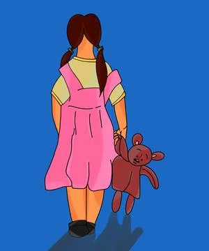 Back view of alone walking girl child with sad faced doll in hand - concept o Stock Illustration