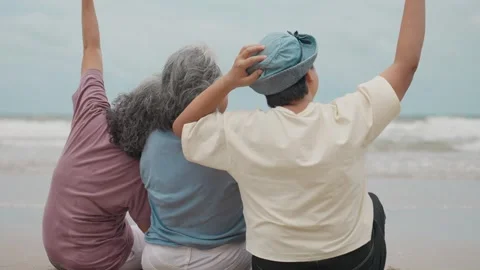 Back View of Asian Elderly Female Friends Embracing the Seaside with Open Arms Stock Footage 314063296