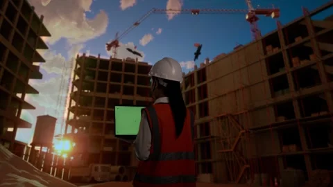 Back View Of Asian Female Engineer Working On A Green Screen Laptop Construction Stock Footage 255849219