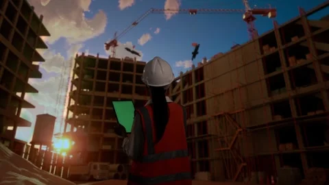 Back View Of Asian Female Engineer Working On A Green Screen Tablet Construction Stock Footage 255849221