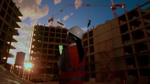 Back View Of Asian female Engineer Working On A Green Smartphone At Construction Stock Footage 255849258