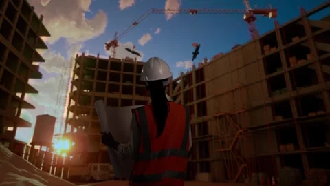 Back View Of Asian Female Engineer Looking At Blueprint Standing At Construction Stock Footage 255849260