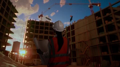 Back View Of Asian female Engineer Looking At Blueprint    At Construction Site Stock Footage 255849286