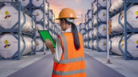 Back View Of Asian Female Engineer Working On A Green Screen Tablet Stock Footage 340840746