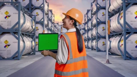 Back View Of Asian Female Engineer Working On A Green Screen Laptop Stock Footage 340840794