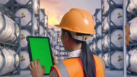 Back View Of Asian Female Engineer Working On A Green Screen Tablet Stock Footage 340842730