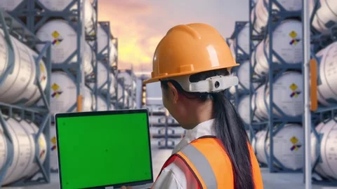 Back View Of Asian Female Engineer Working On A Green Screen Laptop Stock Footage 340842947