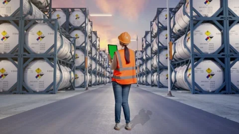 Back View Of Asian Female Engineer Working On A Green Screen Tablet Stock Footage 340844291
