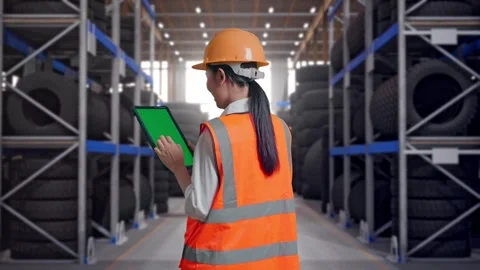 Back View Of Asian Female Engineer Working On A Green Screen Tablet Tire Video stock 341788349