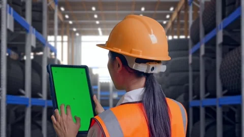 Back View Of Asian Female Engineer Working On A Green Screen Tablet Tire Video stock 341789430