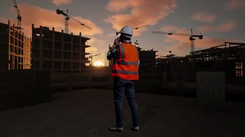 Back View Of Asian Male Engineer Talking On Smartphone At Construction Site Stock Footage 311524640