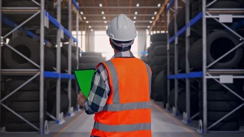 Back View Of Asian Male Engineer Working On A Green Screen Tablet Tire Warehouse Stock Footage 341786736
