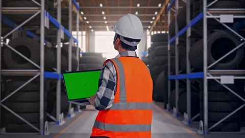 Back View Of Asian Male Engineer Working On A Green Screen Laptop Tire Warehouse Stock Footage 341786739
