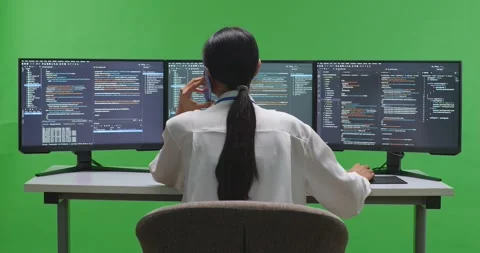 Back View Of Asian Woman Developer Talking On Mobile Phone While Write Code Stock Footage 231132399