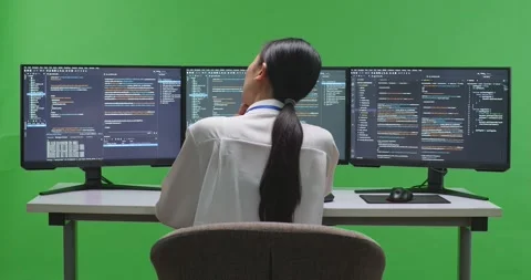 Back View Of Asian Woman Developer Thinking While Write Code With Multiple Stock Footage 231134124
