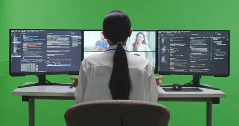 Back View Of Asian Woman Developer Having Video While Write Code With Multiple Vídeos de archivo 231146916