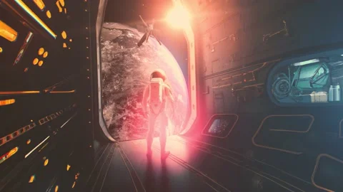 Back view of astronaut looks to the planet through panoramic window Video stock 224519832