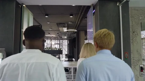 Back view of attractive young multiracial business people coming through Stock Footage 117482980