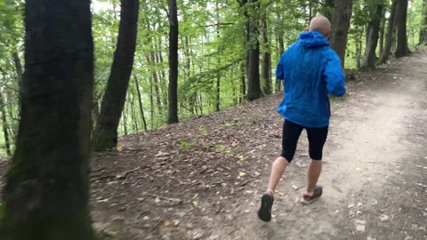 Back view of bald man running by forest trail in Slovakian mountains. Runner is Stock-Footage 308199012