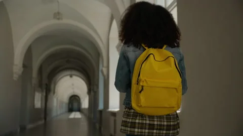 Back view from behind African student girl female schoolgirl woman lady walking Video stock 280306643