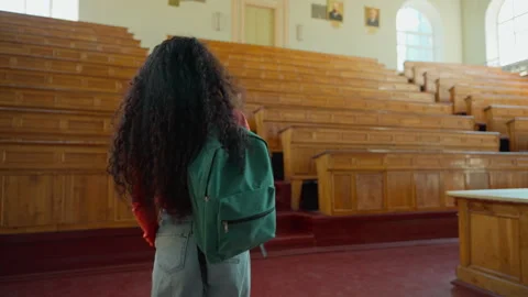 Back view from behind Hispanic student girl Latina woman Caucasian female lady Stock Footage 293347203