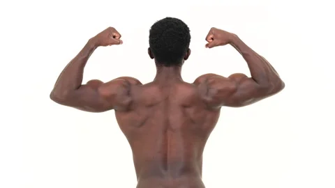 Back view of black man flexing his biceps. Isolated on a white background. Stock Footage 161947413
