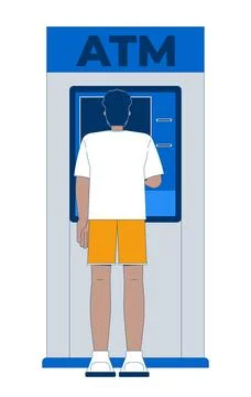 Back view black man using ATM device 2D cartoon character Stock Illustration