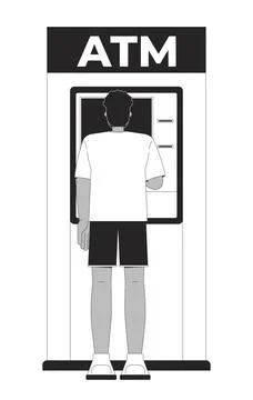Back view black man using ATM device 2D line character Stock Illustration