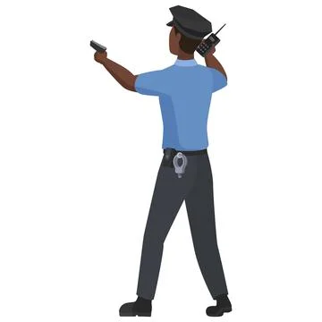 Back view of black policeman pointing with gun Stock Illustration