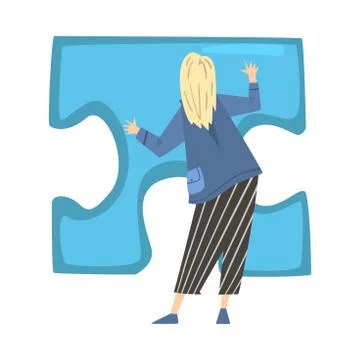 Back View of Blonde Woman Solving Jigsaw Puzzle, Person Trying to Connect Blue Stock Illustration