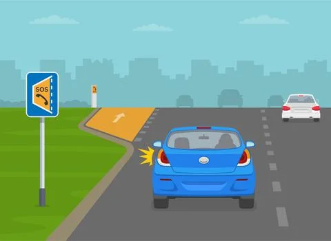 Back view of a blue car moving to the emergency lay-by place. Stock Illustration