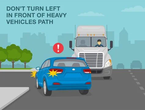 Back view of a blue car turning directly in front of the truck. Stock Illustration