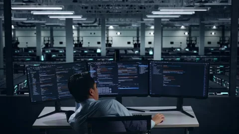 Back View Of Bored Man Developer Write Code In Data Center Stock Footage 270226907
