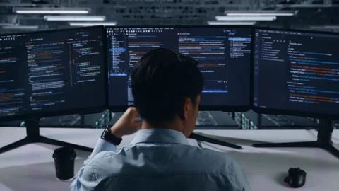 Back View Of Bored Man Developer Write Code In Data Center Stock Footage 270227554